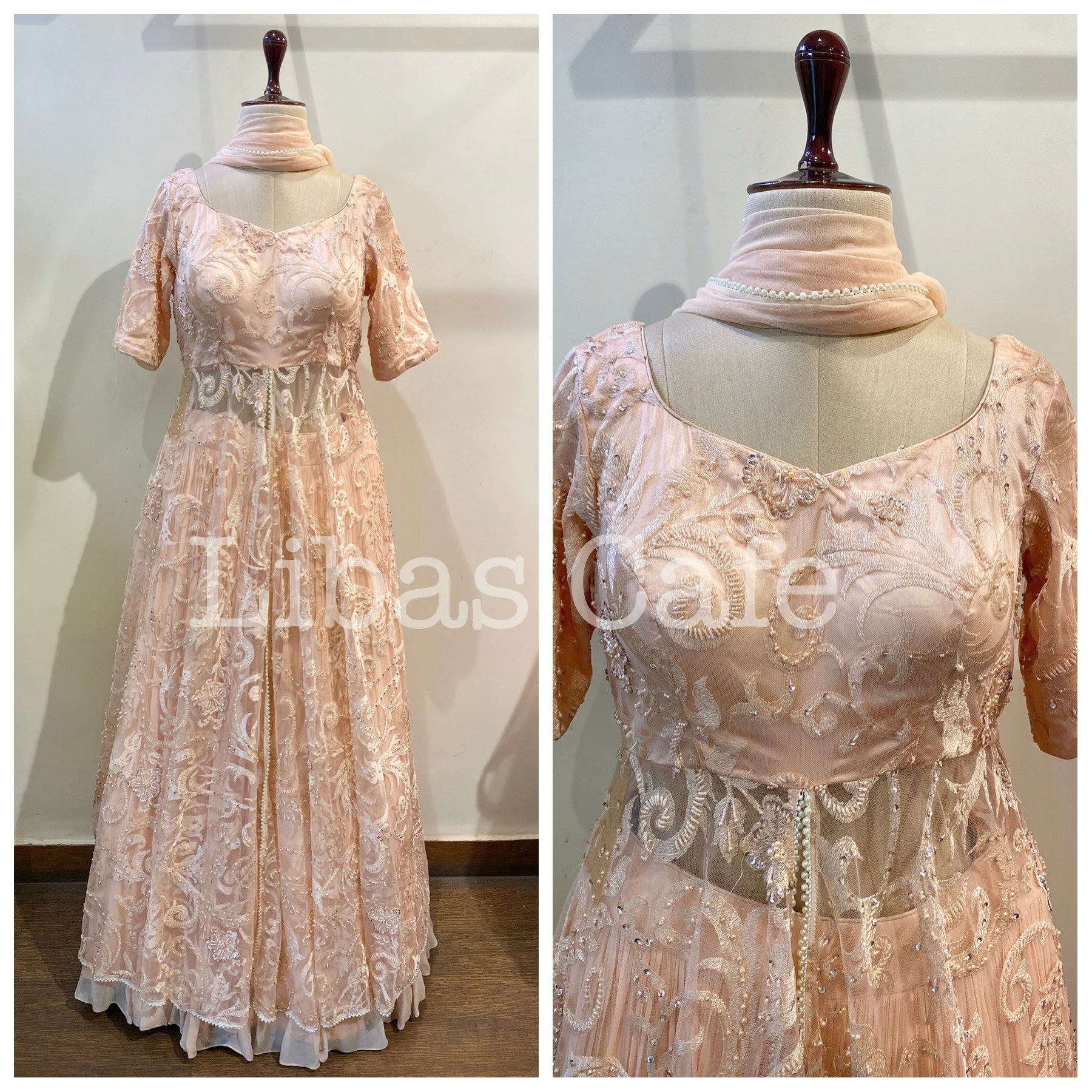 Peach Pearl Embroidered Jacket With Lehenga